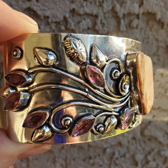 New Mookaite Jasper and Rubellite 925 Silver Cuff Bracelet. - Picture 14 of 16